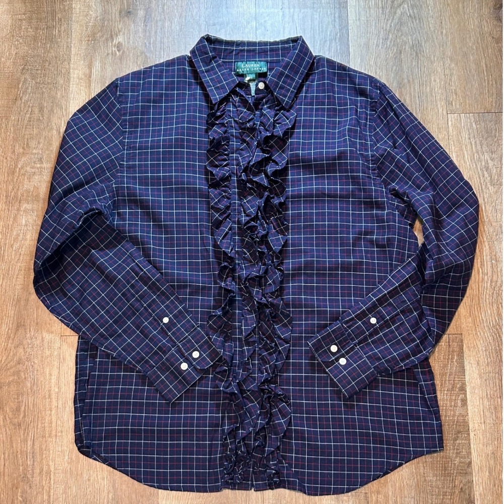 Lauren Ralph Lauren Plaid Ruffle Button Down Shirt Navy Red L Dark Academia